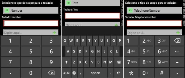 Alguns tipos de teclado do Windows Phone