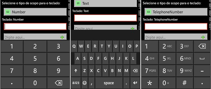Alguns tipos de teclado do Windows Phone